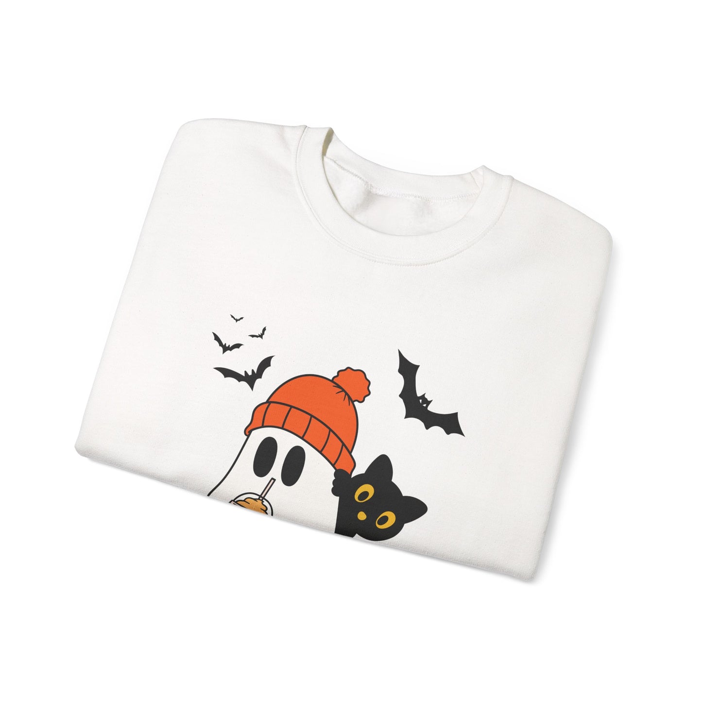 Halloween Ghost & Cat Sweatshirt, Cozy Fall Clothing, Unisex Crewneck, Spooky Season Apparel, Trick or Treat Fashion, Gift Idea