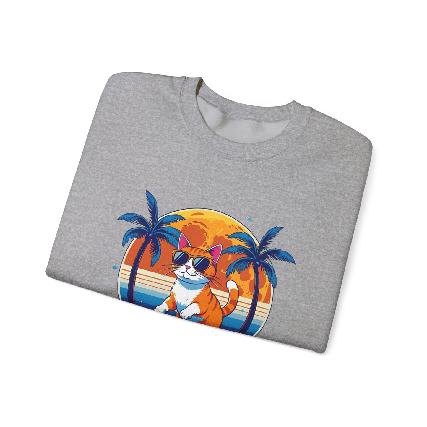 Chill Cat Vibes Crewneck Sweatshirt - Skater Cat Gift, Casual Style, Gift for Cat Lovers, Beach Theme, Summer Fashion, Fun Graphic Sweatshirt