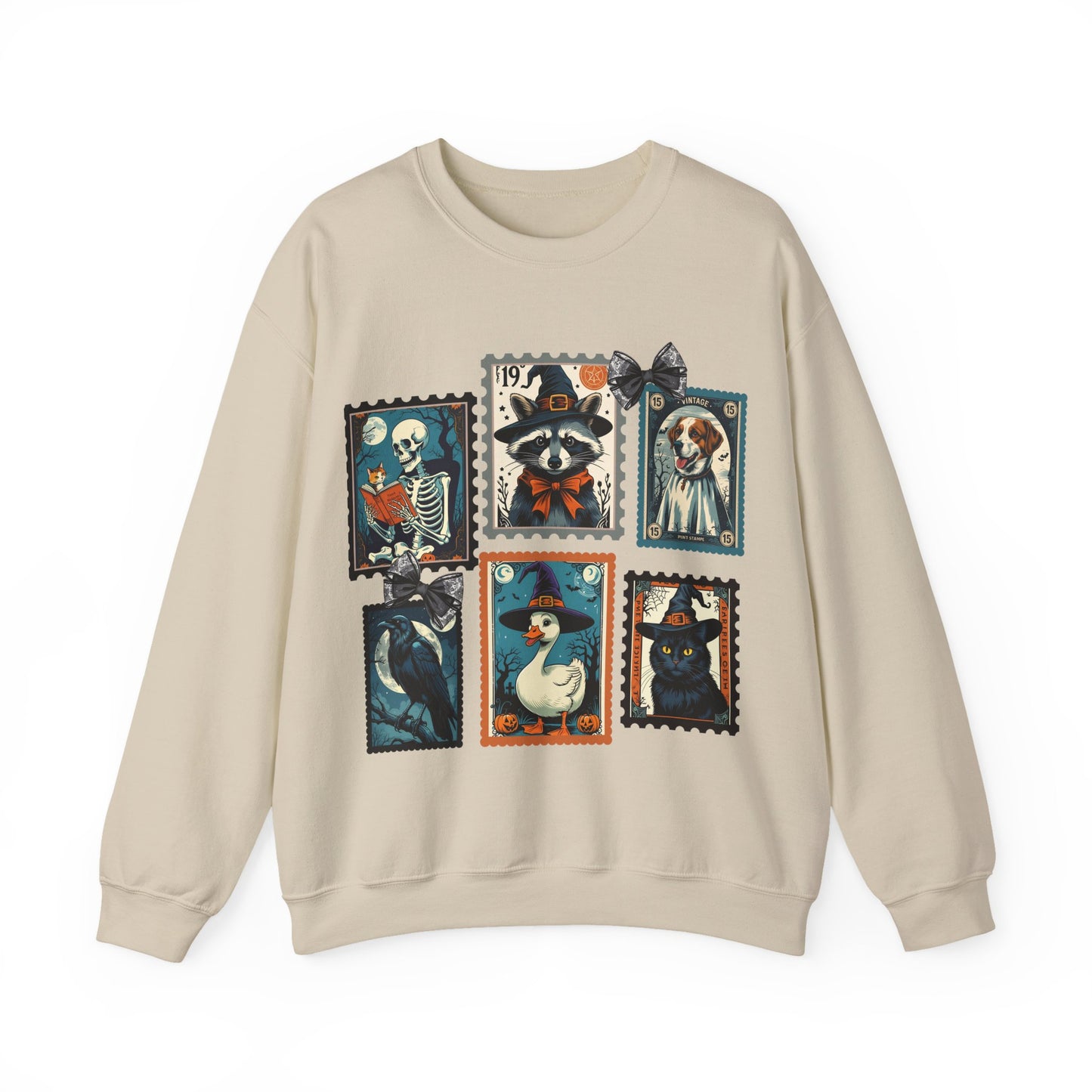 Vintage-Inspired Crewneck Sweatshirt with Spooky Stamp Design, Cozy Fall Apparel, Halloween Fashion, Unisex Sweatshirt, Quirky Gift Idea