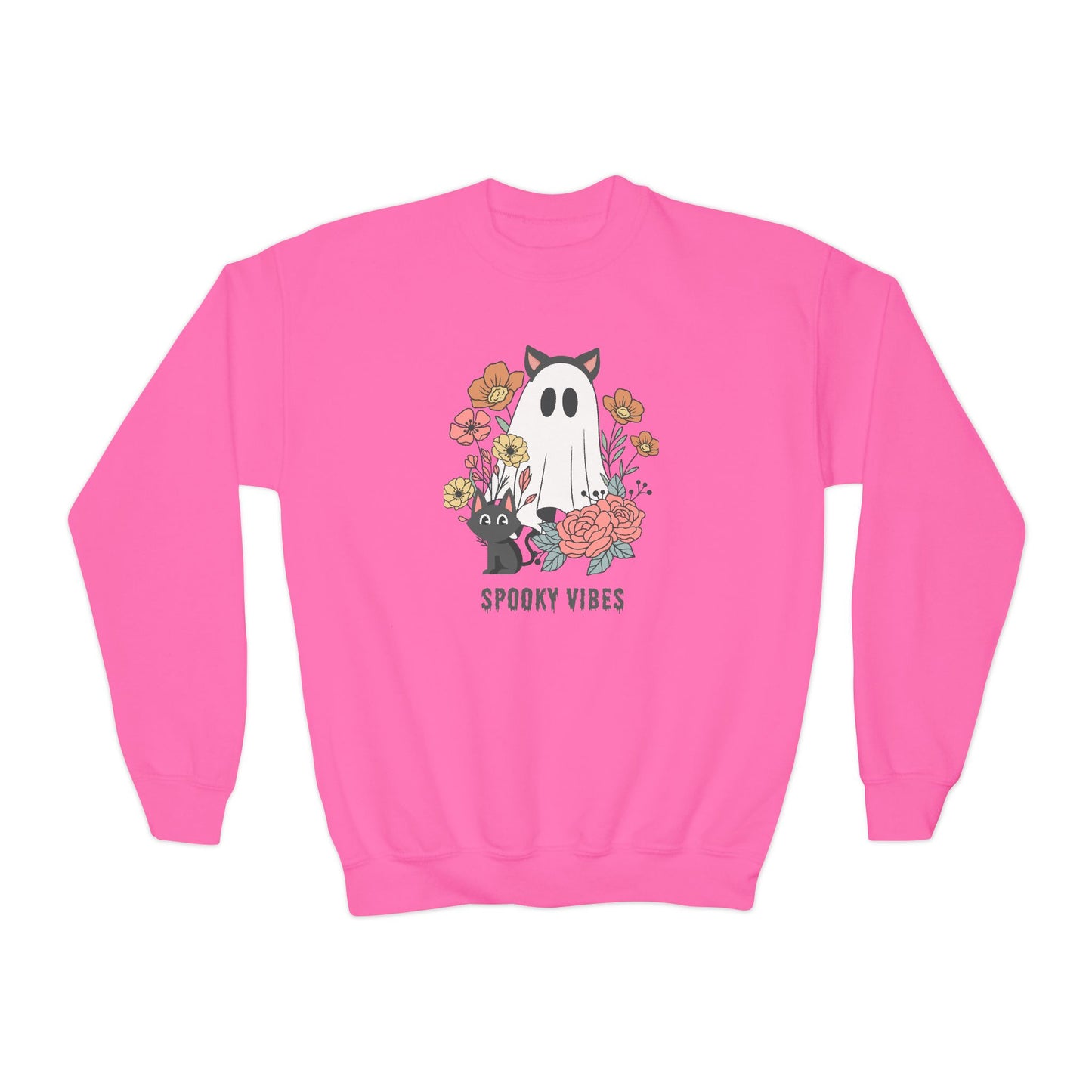 Spooky Vibes Youth Crewneck Sweatshirt - Cozy Halloween Sweater, Cute Ghost Design, Perfect for Fall, Kids' Halloween Gift, Everyday Wear