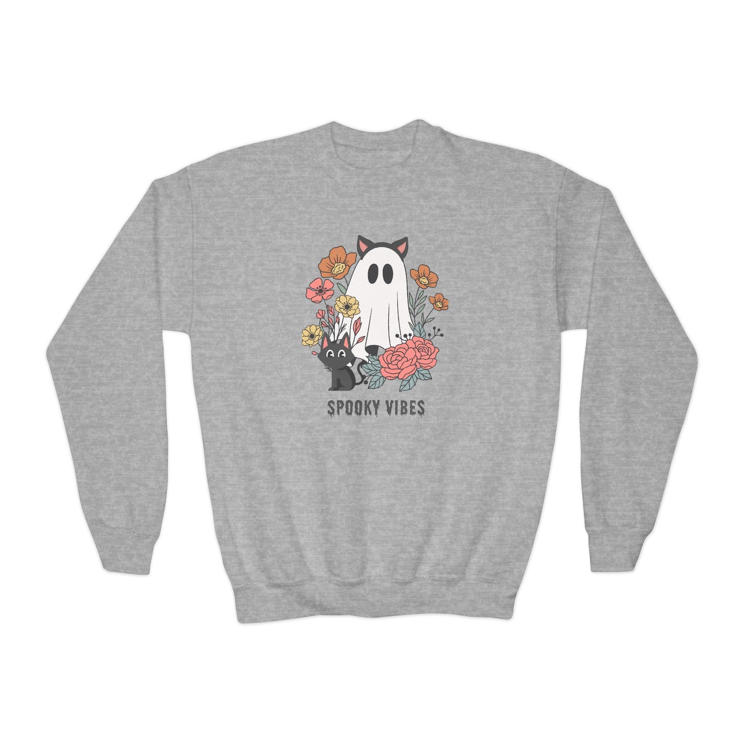 Spooky Vibes Youth Crewneck Sweatshirt - Cozy Halloween Sweater, Cute Ghost Design, Perfect for Fall, Kids' Halloween Gift, Everyday Wear