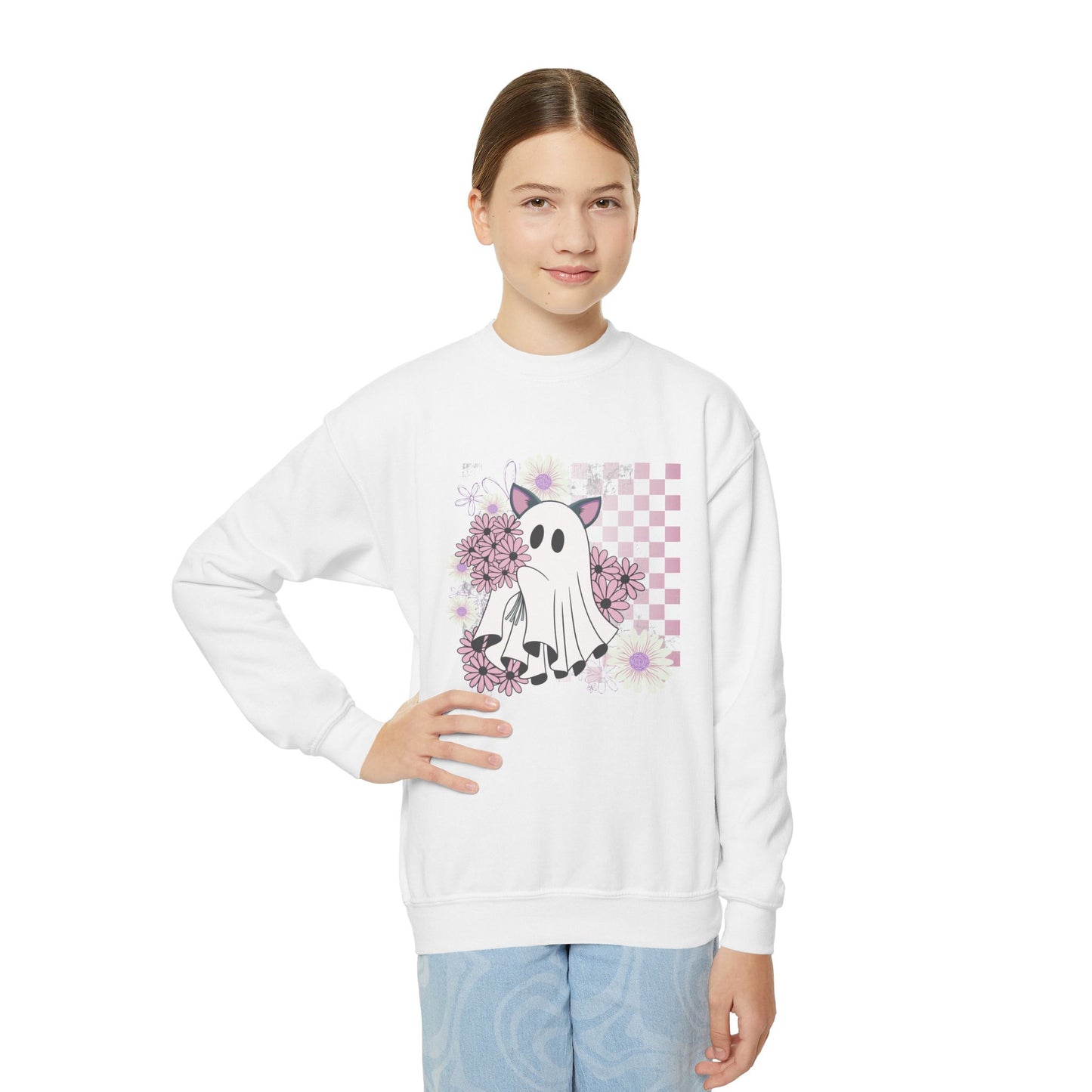 Cute Ghost Floral Sweatshirt for Kids, Youth Crewneck, Halloween Gift, Cozy Pullover, Fun Layering Piece, Ideal for Fall Celebrations