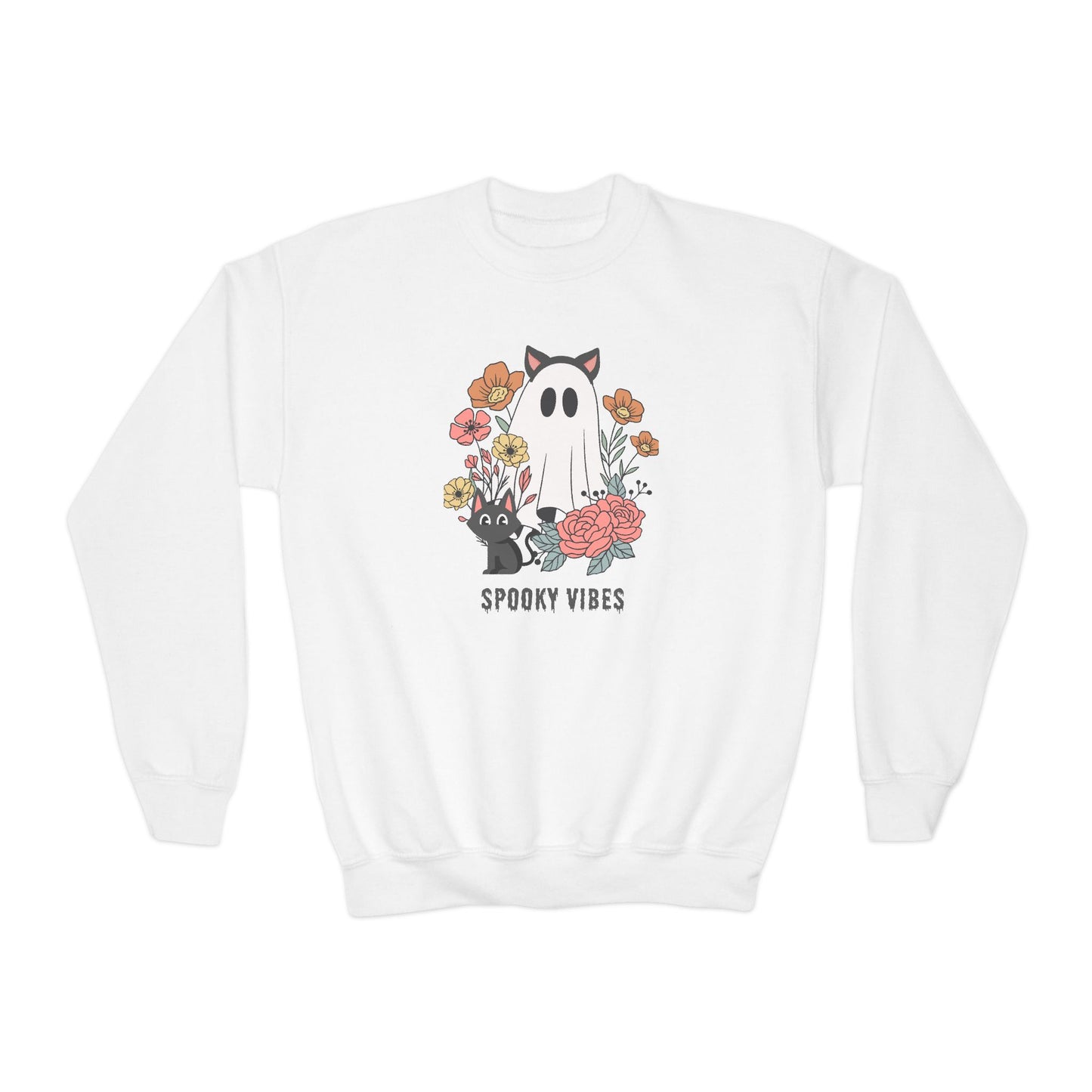 Spooky Vibes Youth Crewneck Sweatshirt - Cozy Halloween Sweater, Cute Ghost Design, Perfect for Fall, Kids' Halloween Gift, Everyday Wear