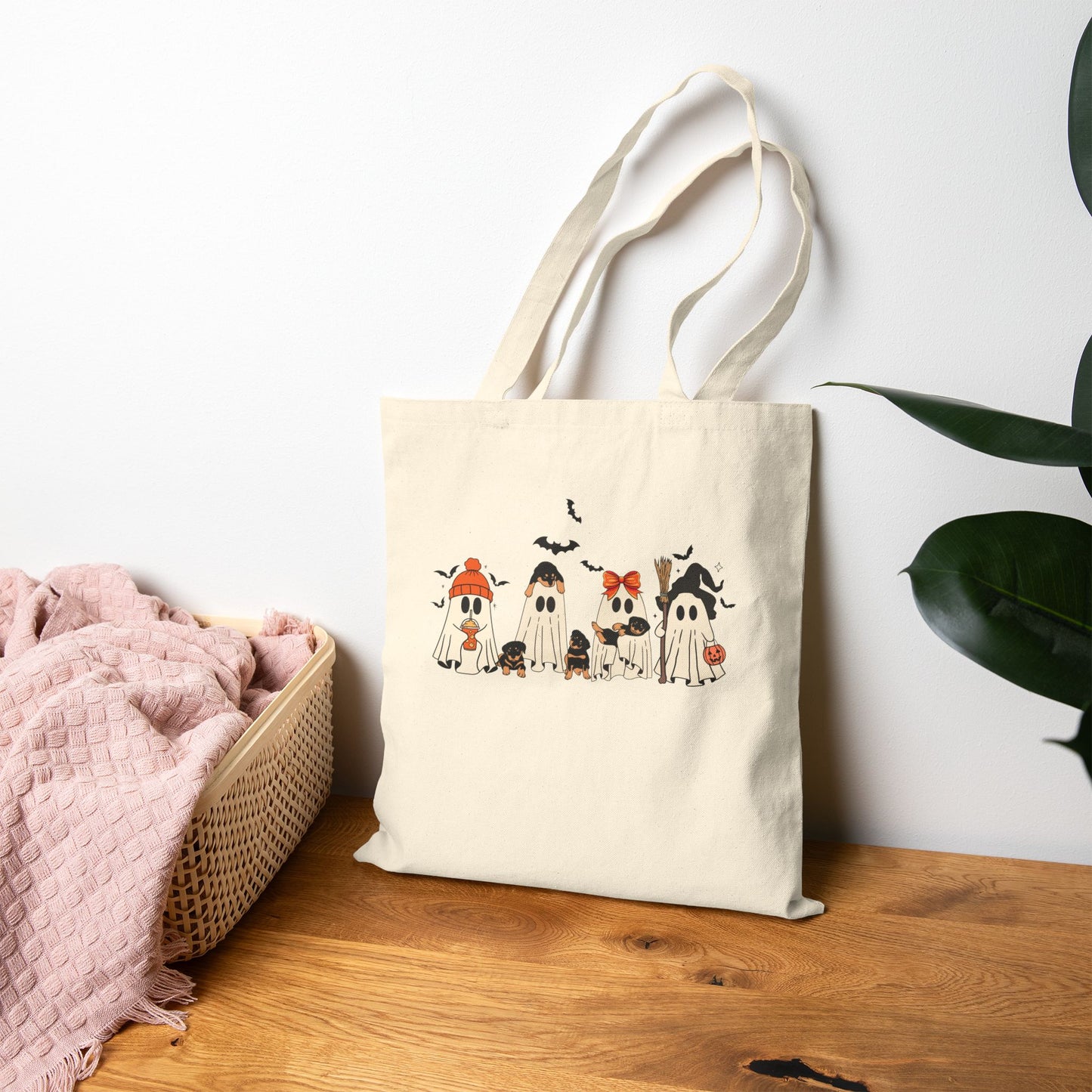Cute Halloween Ghosts Cotton Canvas Tote Bag, Eco-Friendly Trick or Treat Bag, Holiday Shopping Bag, Party Favor Bag, Reusable Grocery Tote
