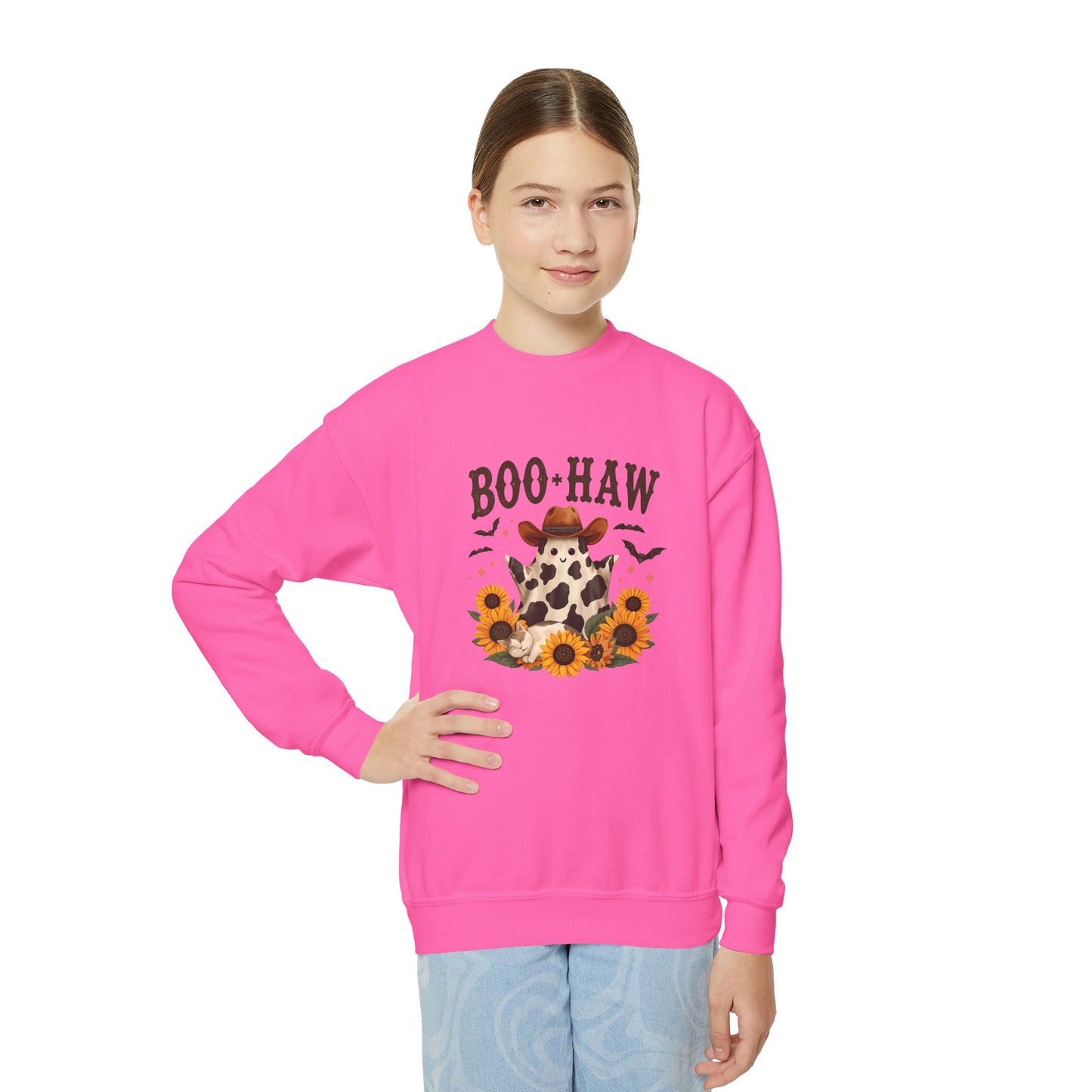 Youth Cowpoke Crewneck Sweatshirt - Autumn Vibes, BOO-HAW Graphic, Perfect for Halloween, Fall Celebrations, Cozy Outfits, Gift for Kids