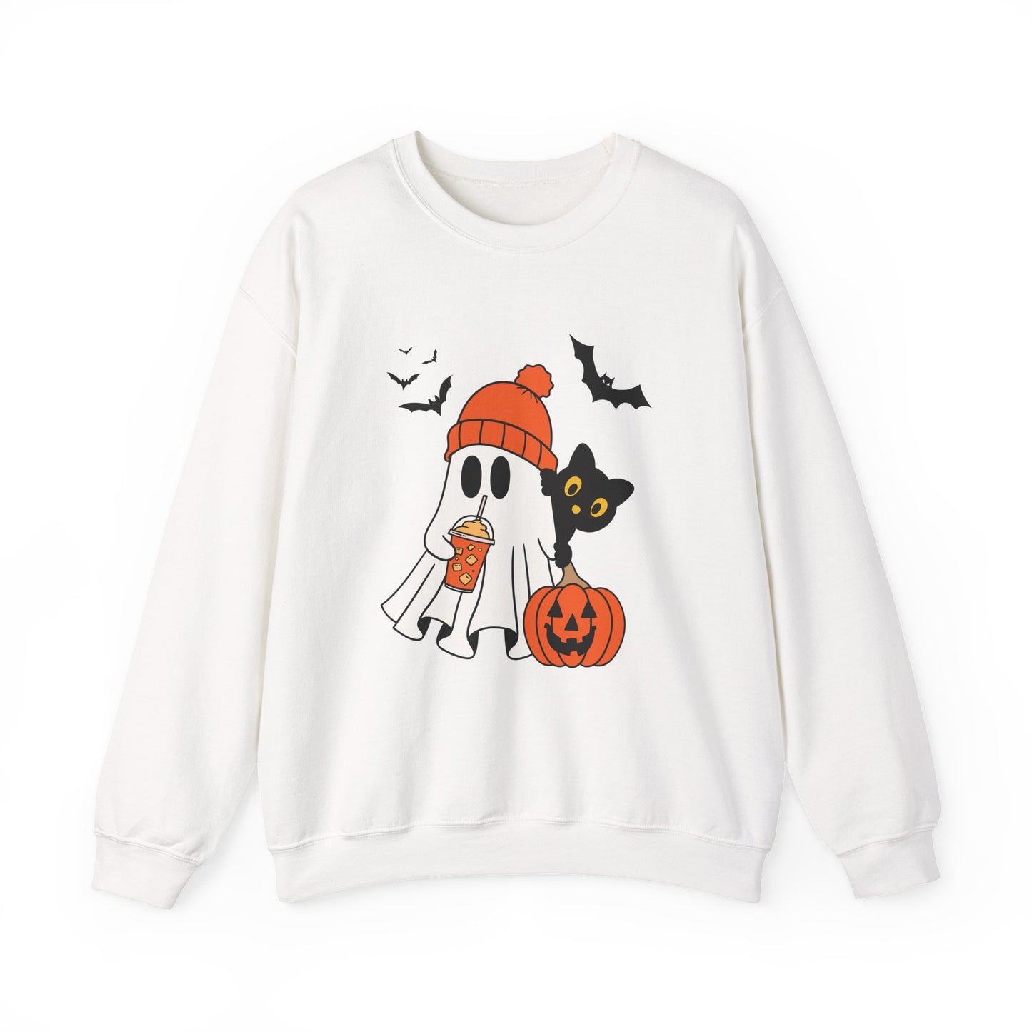 Halloween Ghost & Cat Sweatshirt, Cozy Fall Clothing, Unisex Crewneck, Spooky Season Apparel, Trick or Treat Fashion, Gift Idea