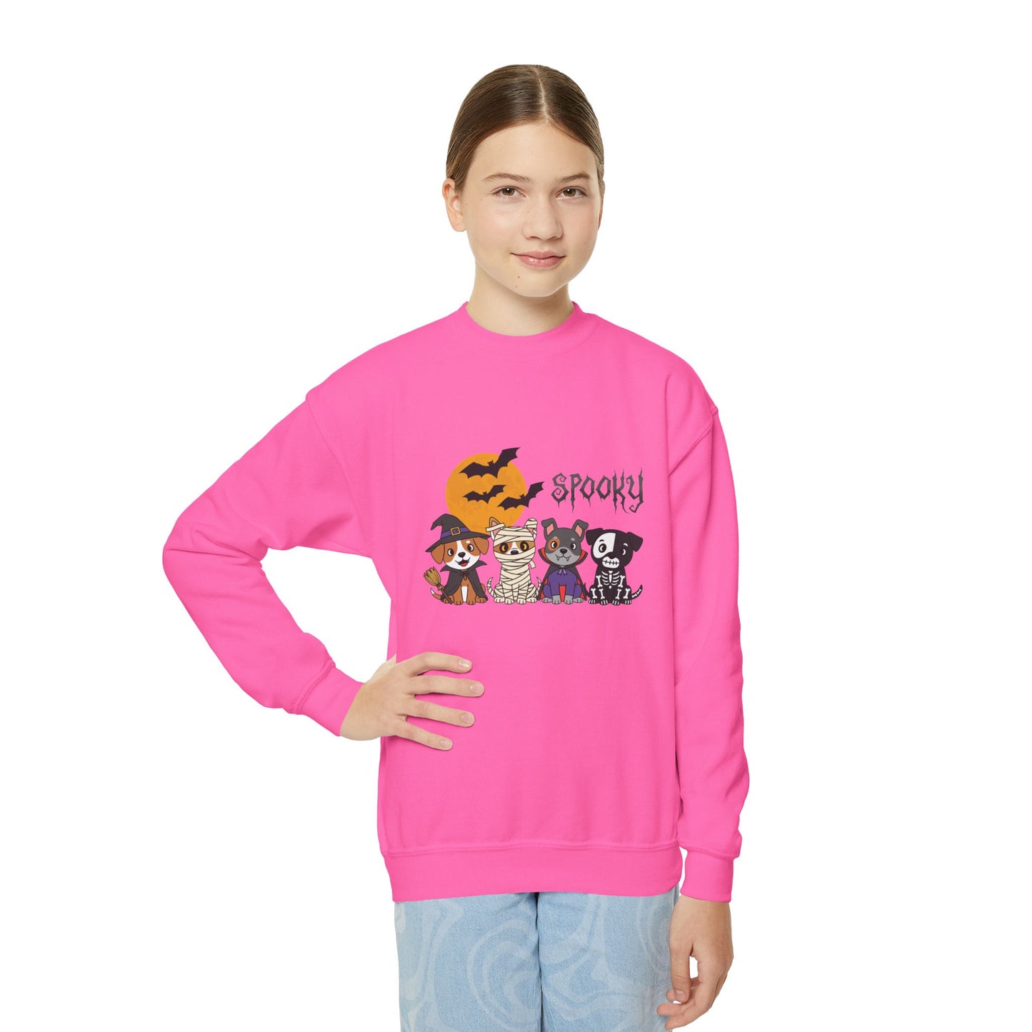 Spooky Youth Crewneck Sweatshirt, Halloween Sweatshirt, Cute Animal Graphic Sweatshirt, Kid's Cozy Sweatshirt, Holiday Gift for Kids