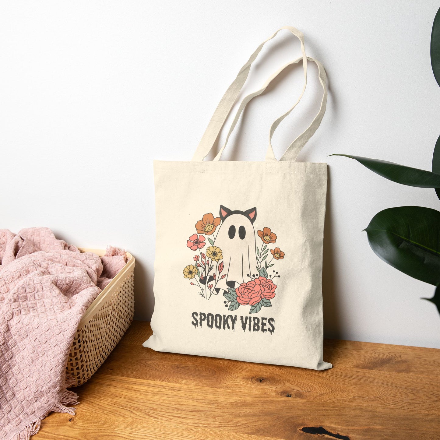 Spooky Vibes Cotton Canvas Tote Bag, Autumn Shopping Bag, Halloween Tote, Eco-Friendly Gift, Cute Reusable Bag