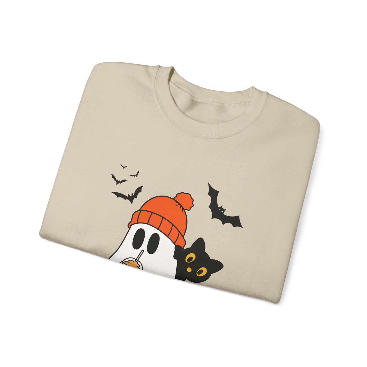 Halloween Ghost & Cat Sweatshirt, Cozy Fall Clothing, Unisex Crewneck, Spooky Season Apparel, Trick or Treat Fashion, Gift Idea