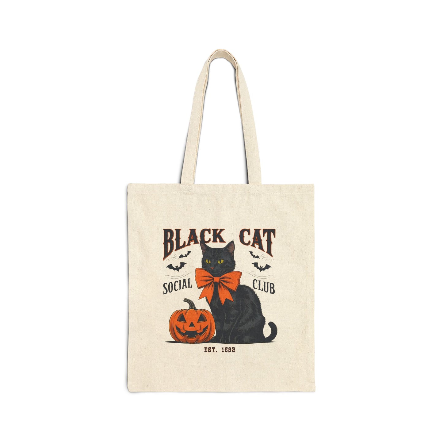 Halloween Black Cat Canvas Tote Bag, Black Cat Social Club Bag, Gift for Cat Lovers, Reusable Shopping Bag, Fall Decor