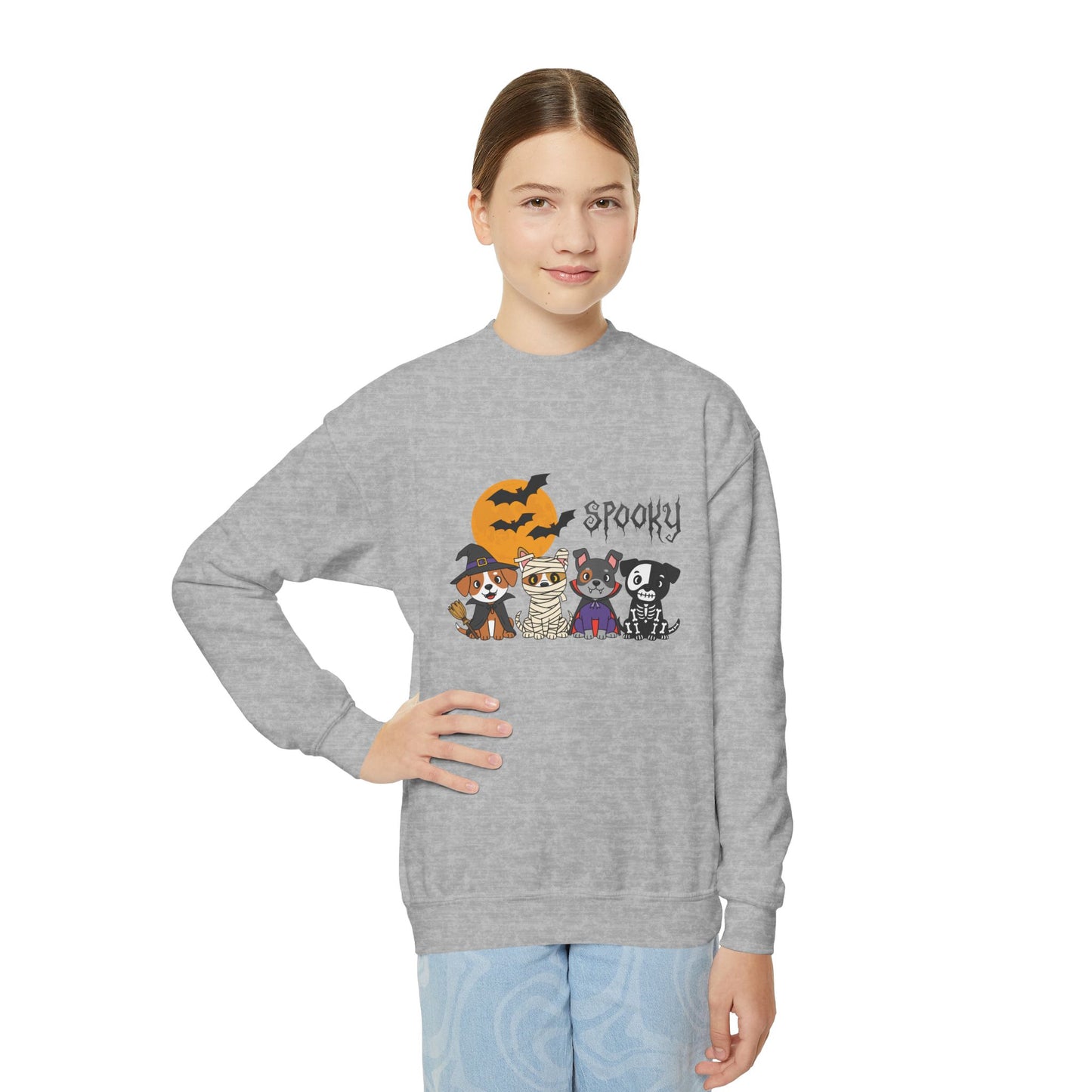 Spooky Youth Crewneck Sweatshirt, Halloween Sweatshirt, Cute Animal Graphic Sweatshirt, Kid's Cozy Sweatshirt, Holiday Gift for Kids