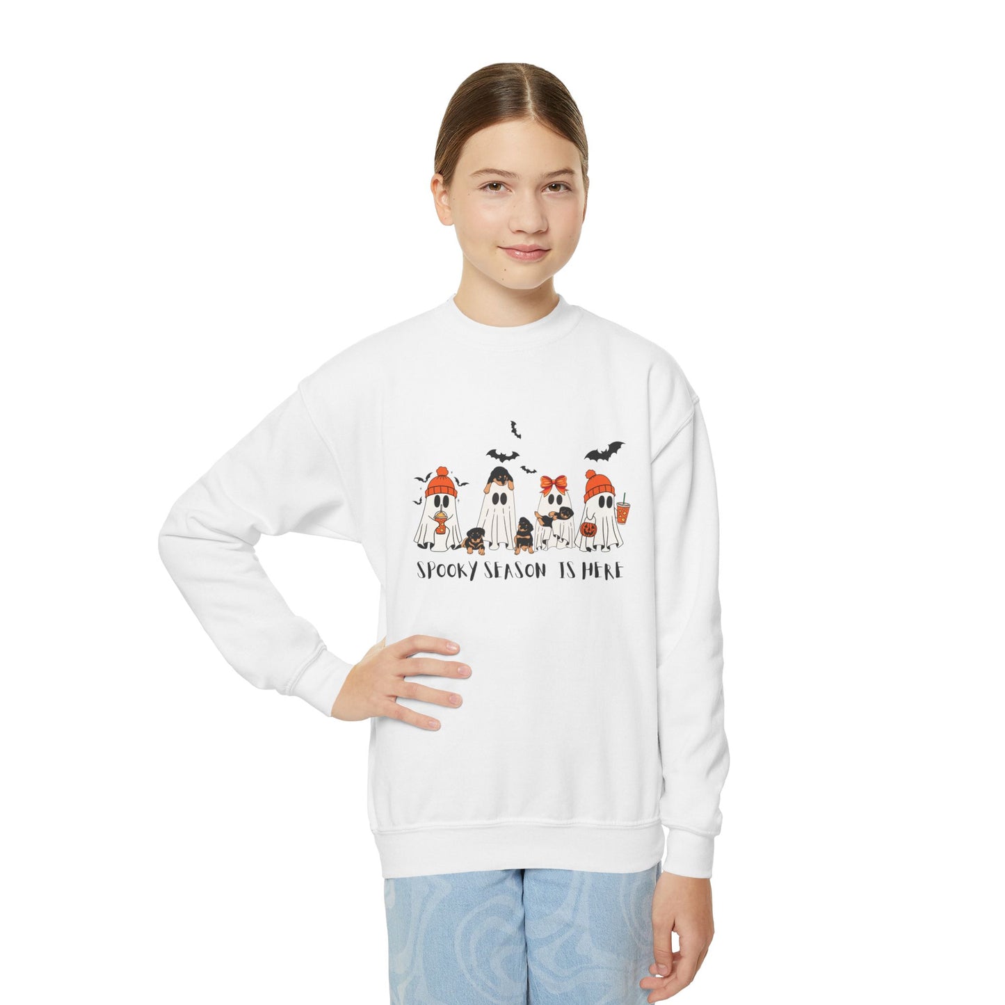 Spooky Season Youth Crewneck Sweatshirt, Halloween Sweatshirt, Cozy Fall Apparel, Cute Kid's Sweatshirt, Ghost and Pumpkin Design