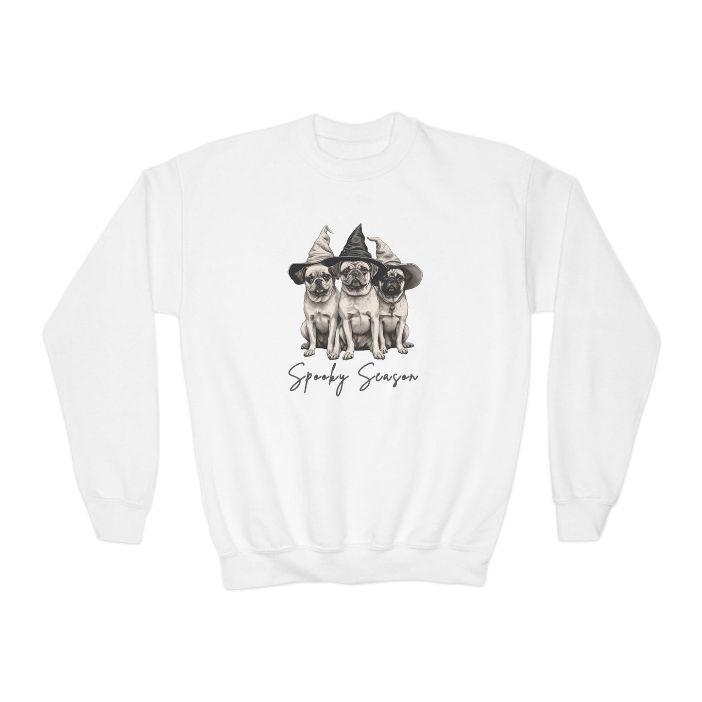 Youth Halloween Sweatshirt with Spooky Season Design, Fun Crewneck for Kids, Trick-or-Treat Apparel, Cute Pug Dog Lovers Gift, Cozy Fall Wear