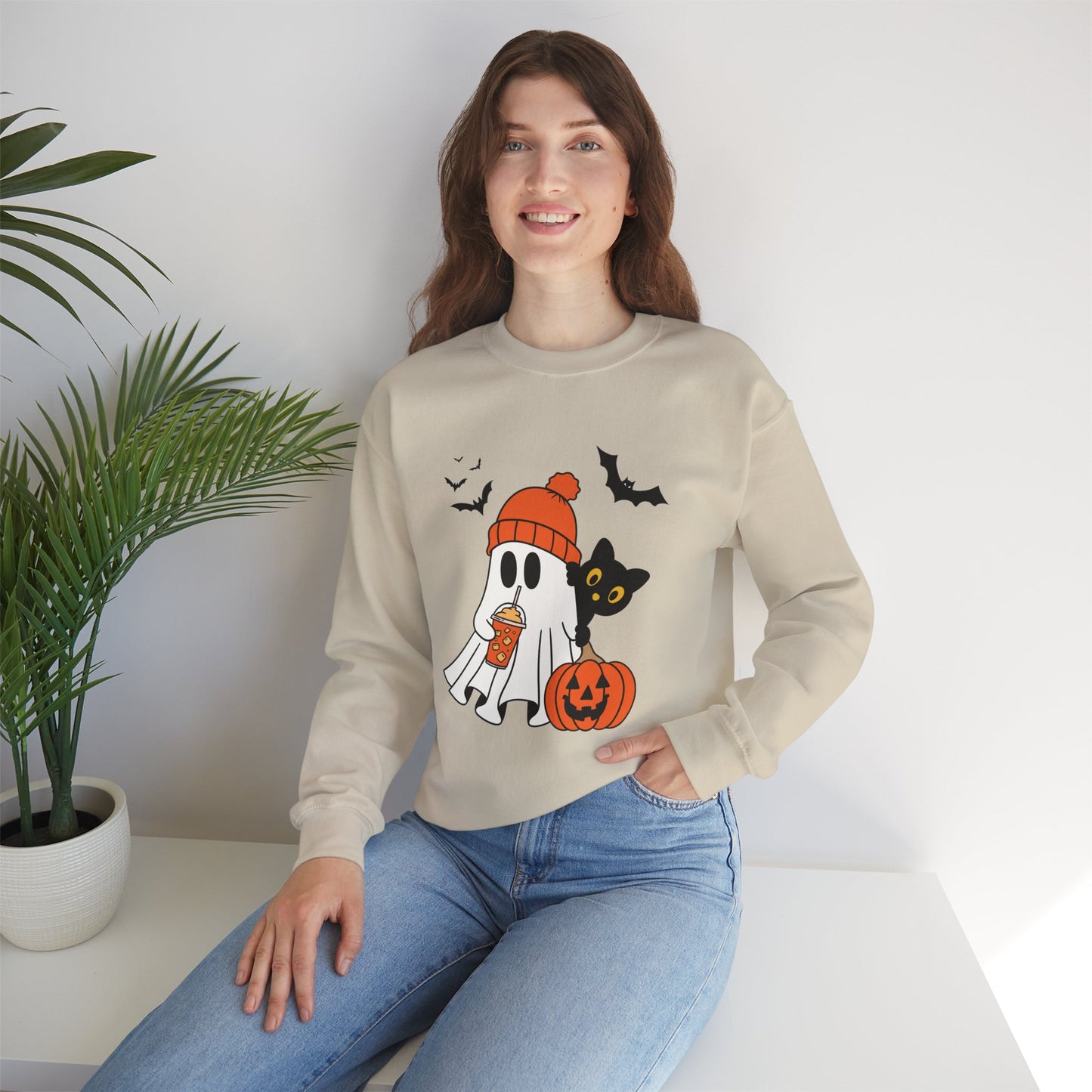 Halloween Ghost & Cat Sweatshirt, Cozy Fall Clothing, Unisex Crewneck, Spooky Season Apparel, Trick or Treat Fashion, Gift Idea