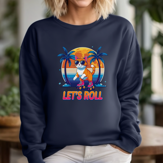 Chill Cat Vibes Crewneck Sweatshirt - Skater Cat Gift, Casual Style, Gift for Cat Lovers, Beach Theme, Summer Fashion, Fun Graphic Sweatshirt