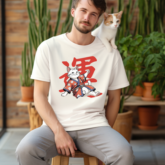 Lucky Cat T-Shirt, Garment-Dyed Tee, Cute Cat Apparel, Japanese Style Shirt, Cat Lover Gift, Casual Wear