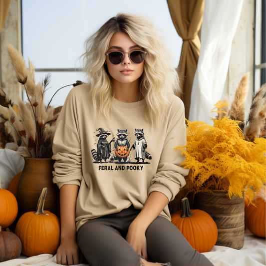 Feral and Spooky Sweatshirt | Unisex Crewneck, Halloween Raccoon Apparel, Cozy Fall Sweater, Gifts for Animal Lovers, Casual Autumn Outfit