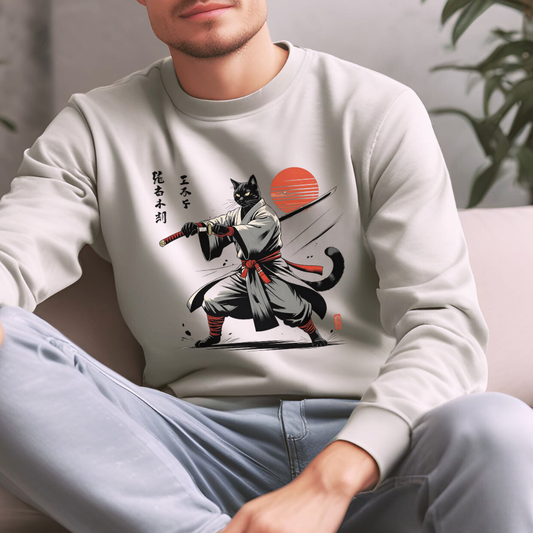 Samurai Cat Sweatshirt, Comfy Unisex Crewneck for Anime Lovers, Gift for Cat Owners, Stylish Streetwear, Perfect for Casual Outings