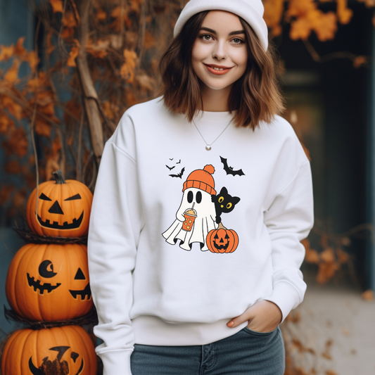 Halloween Ghost & Cat Sweatshirt, Cozy Fall Clothing, Unisex Crewneck, Spooky Season Apparel, Trick or Treat Fashion, Gift Idea