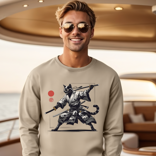 Samurai Cat Crewneck Sweatshirt - Cozy Unisex Pullover, Unique Anime Gift, Cat Lover Apparel, Artful Streetwear, Relaxed Fit Fashion