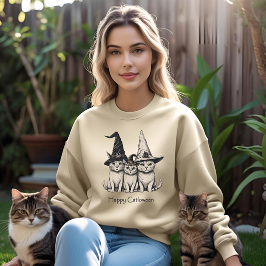 Whimsical Cat Halloween Sweatshirt, Cozy Halloween Crewneck, Fun Vintage Cat Apparel, Unisex Fall Fashion, Cat Lover Gift