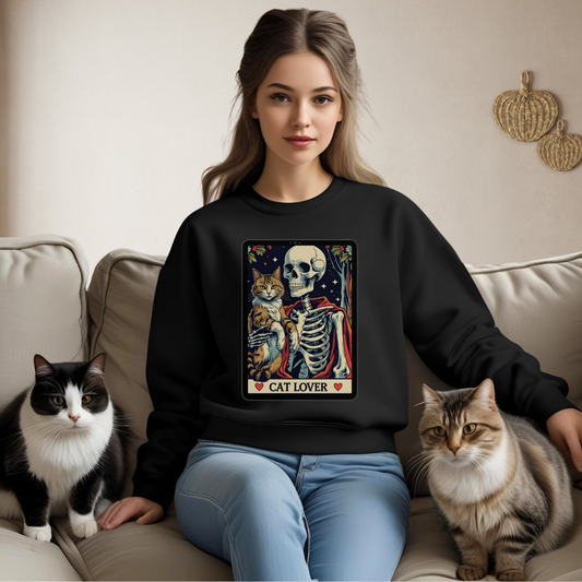 Gothic Cat Lover Crewneck Sweatshirt | Cozy Halloween Sweater, Pet Lover Gift, Spooky Season Apparel, Unisex Sweatshirt, Tarot card Design
