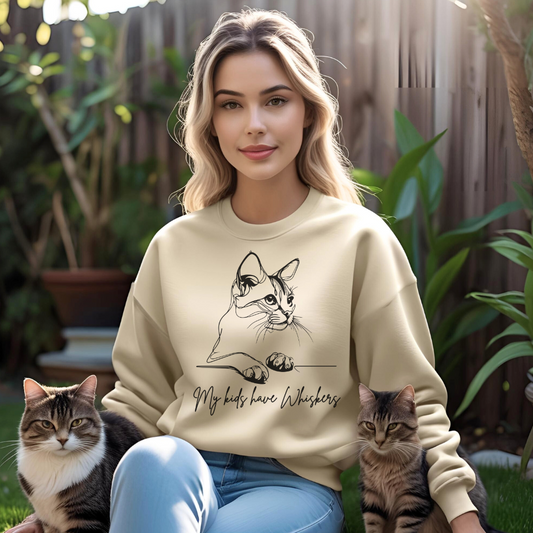 Cozy Cat Lover Sweatshirt, My Kids Have Whiskers Design, Unisex Cat Line art Crewneck, Gift for Cat Owners, Pet Lover Apparel