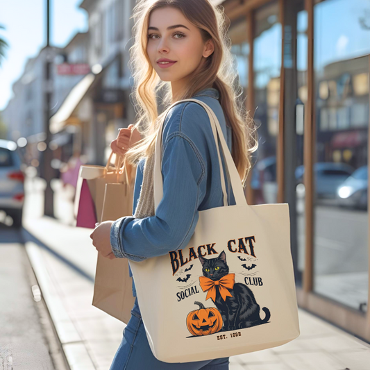 Halloween Black Cat Canvas Tote Bag, Black Cat Social Club Bag, Gift for Cat Lovers, Reusable Shopping Bag, Fall Decor