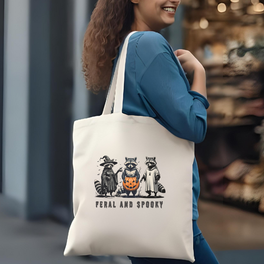 Feral and Spooky Tote Bag, Cotton Canvas Shopping Bag, Halloween Raccoon Gift, Eco-Friendly Tote, Witchy Raccoons Lover Bag, Unique Tote for Everyday