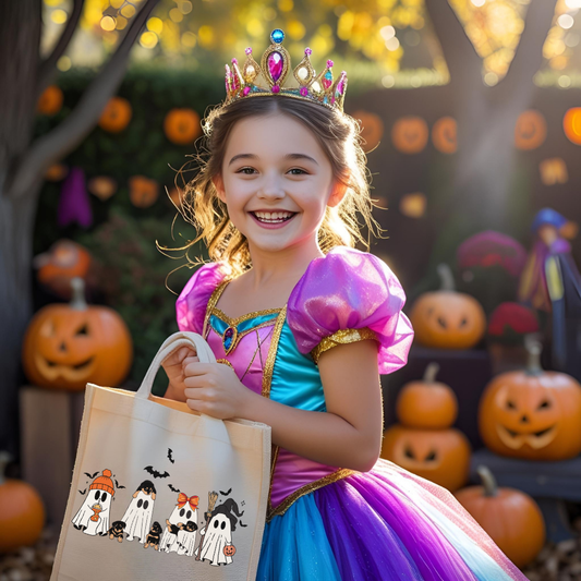 Cute Halloween Ghosts Cotton Canvas Tote Bag, Eco-Friendly Trick or Treat Bag, Holiday Shopping Bag, Party Favor Bag, Reusable Grocery Tote