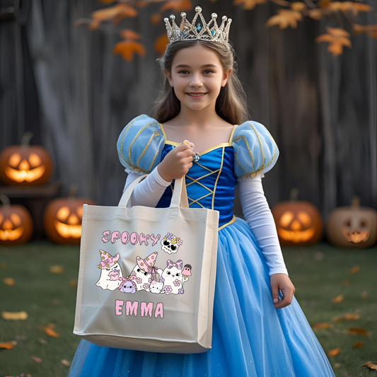Spooky Personalized Cotton Canvas Tote Bag, Halloween Trick or Treat Tote, Eco-Friendly Shopping Bag, Cute Gift for Kids, Festival Bag, Custom Name Bag