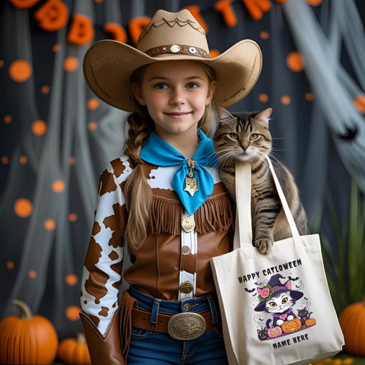 Happy Catlows Tote Bag, Cute Kid Halloween Tote, Personalized Canvas Bag, Trick or Treat Bag, Eco-Friendly Shopper