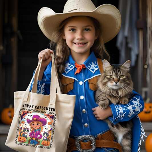 Halloween-Themed Cotton Canvas Tote Bag, Perfect for Trick-or-Treating, Eco-Friendly Shopping, Cute Cowgirl and Cat Design, Fall Decor, Gift for Kids