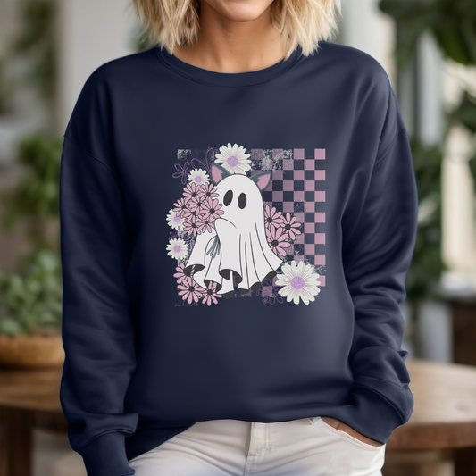 Whimsical Ghost Floral Crewneck Sweatshirt, Cute Fall Apparel, Halloween Sweater, Cozy Unisex Clothing, Spooky Season Fashion