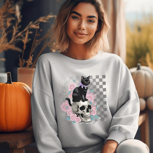 Gothic Cat Sweatshirt - Unisex Heavy Blend™ Crewneck, Cozy Gift for Cat Lovers, Halloween Apparel, Casual Wear, Unique Design
