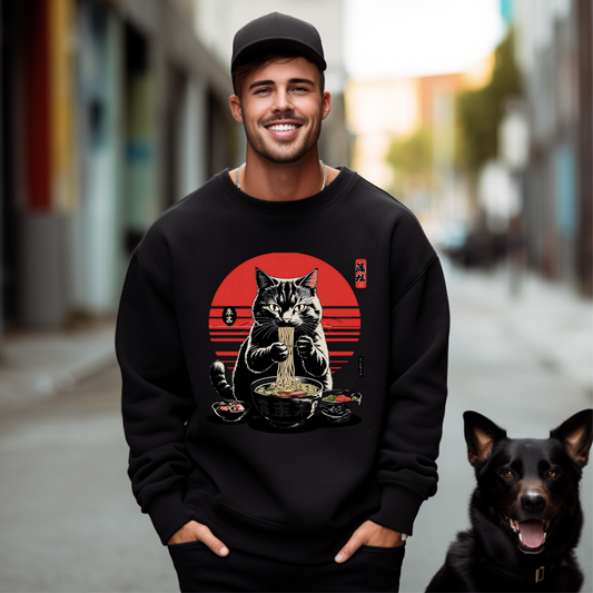 Cat Ramen Lover Sweatshirt | Cozy Unisex Crewneck | Gift for Cat Lovers, Anime Fans, Perfect for Fall, Birthdays, Holidays