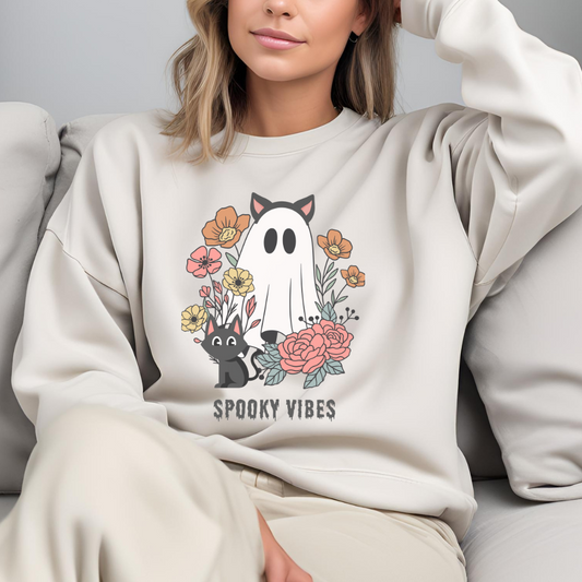 Spooky Vibes Crewneck Sweatshirt | Unisex Cozy Pullover for Fall, Halloween Apparel, Ghost Graphic Sweatshirt, Floral Sweatshirt