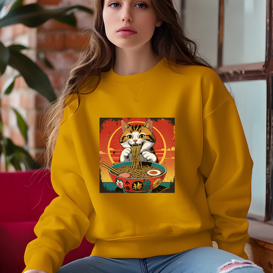 Cozy Cat Ramen Sweatshirt | Unisex Crewneck, Gift for Cat Lovers, Cute Foodie Apparel, Perfect for Fall, Weekend Wear, Animal Lover Gift