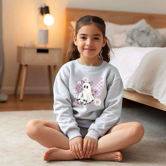 Cute Ghost Floral Sweatshirt for Kids, Youth Crewneck, Halloween Gift, Cozy Pullover, Fun Layering Piece, Ideal for Fall Celebrations