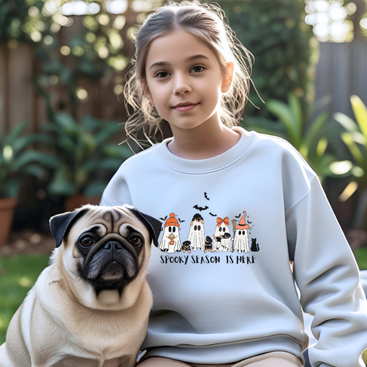 Spooky Season Youth Crewneck Sweatshirt, Halloween Sweatshirt, Cozy Fall Apparel, Cute Kid's Sweatshirt, Ghost and Pumpkin Design