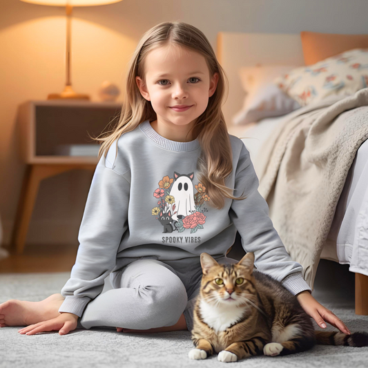 Spooky Vibes Youth Crewneck Sweatshirt - Cozy Halloween Sweater, Cute Ghost Design, Perfect for Fall, Kids' Halloween Gift, Everyday Wear