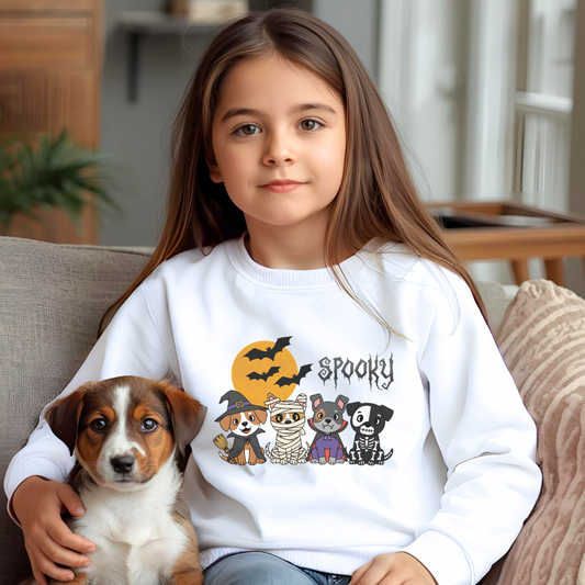Spooky Youth Crewneck Sweatshirt, Halloween Sweatshirt, Cute Animal Graphic Sweatshirt, Kid's Cozy Sweatshirt, Holiday Gift for Kids