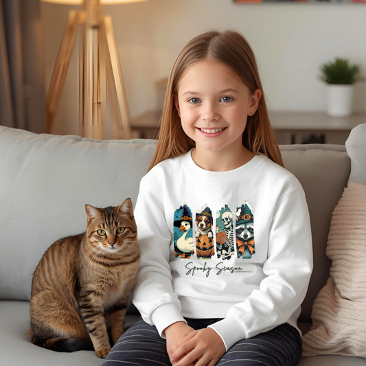 Spooky Season Youth Crewneck Sweatshirt, Halloween Apparel, Kids Sweatshirt, Cozy Fall Fashion, Spooky Sweatshirt for Children