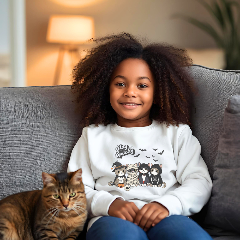 Spooky Crewneck Sweatshirt for Kids, Halloween Kids Sweatshirt, Cute Cat and Owl Design, Cozy Youth Sweater, Gift for Children