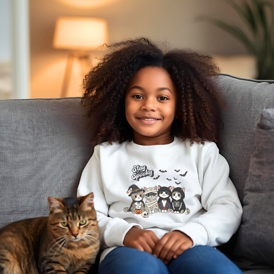 Spooky Crewneck Sweatshirt for Kids, Halloween Kids Sweatshirt, Cute Cat and Owl Design, Cozy Youth Sweater, Gift for Children