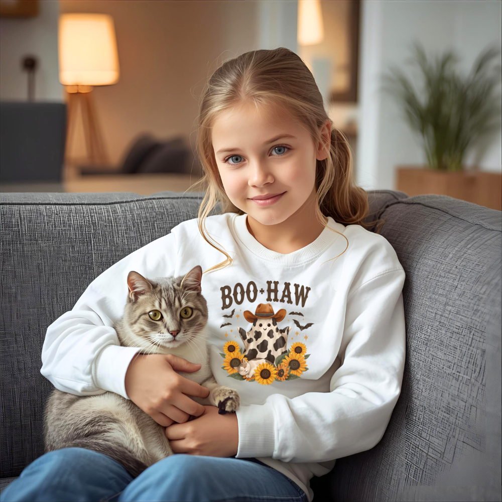 Youth Cowpoke Crewneck Sweatshirt - Autumn Vibes, BOO-HAW Graphic, Perfect for Halloween, Fall Celebrations, Cozy Outfits, Gift for Kids