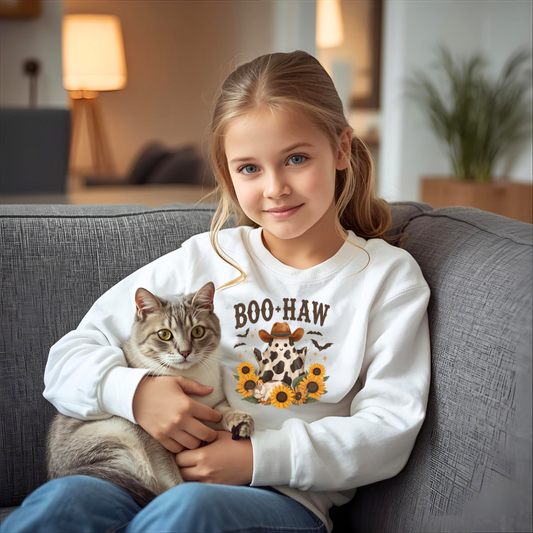 Youth Cowpoke Crewneck Sweatshirt - Autumn Vibes, BOO-HAW Graphic, Perfect for Halloween, Fall Celebrations, Cozy Outfits, Gift for Kids