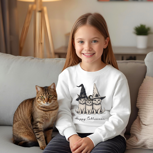 Happy CATLOWEEN Youth Crewneck Sweatshirt, Cozy Fall Apparel, Cute Witch CATs Design, Autumn Gift, Kids Halloween Sweater, Seasonal Fashion