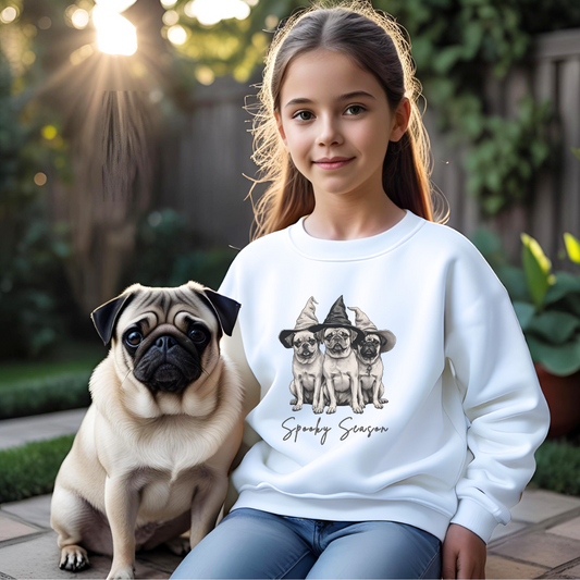 Youth Halloween Sweatshirt with Spooky Season Design, Fun Crewneck for Kids, Trick-or-Treat Apparel, Cute Pug Dog Lovers Gift, Cozy Fall Wear