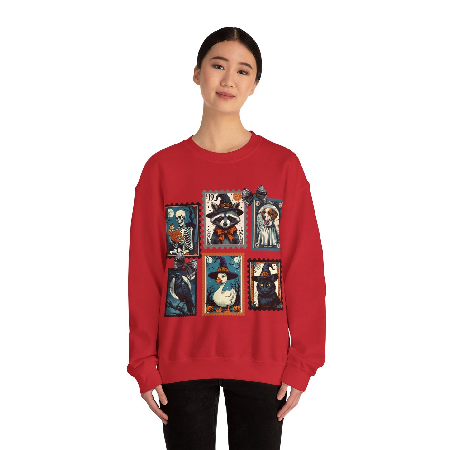 Vintage-Inspired Crewneck Sweatshirt with Spooky Stamp Design, Cozy Fall Apparel, Halloween Fashion, Unisex Sweatshirt, Quirky Gift Idea